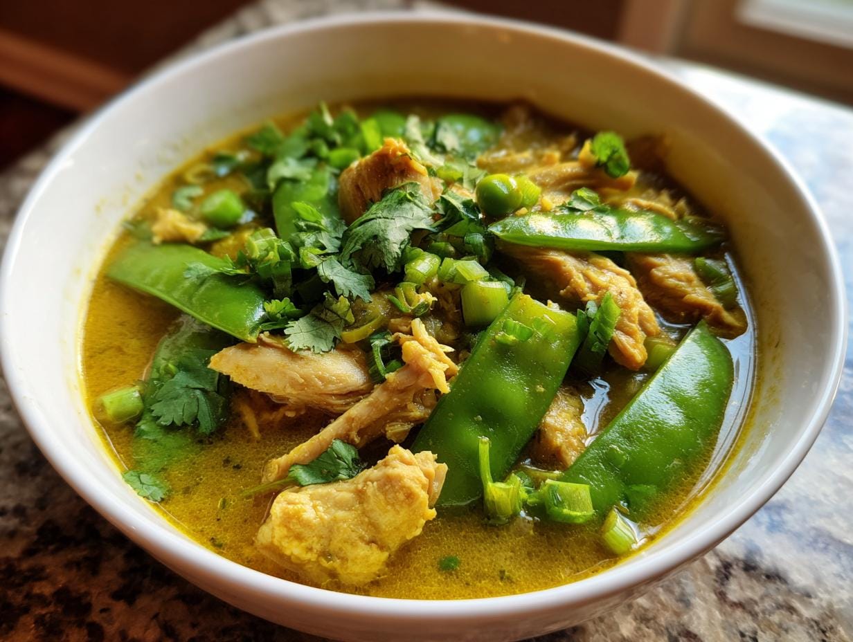 Nahaufnahme einer Schüssel Geflügel-Curry-Suppe mit Erbsen, Koriander und Frühlingszwiebeln.
