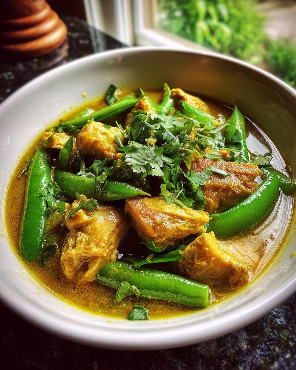 Bowl of Geflügel-Curry-Suppe with chicken, snow peas, and cilantro. A flavorful and healthy meal.