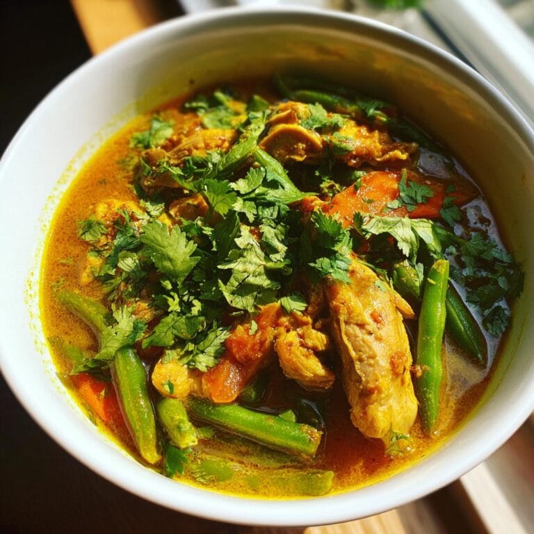 A bowl of Geflügel-Curry-Suppe with chicken, green beans, carrots, and cilantro.