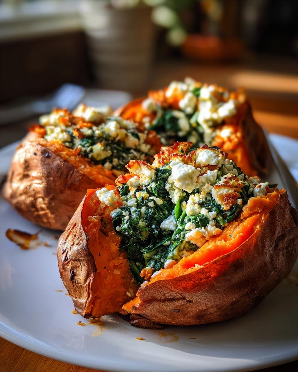 Close-up of Gefüllte Süßkartoffeln mit Spinat and feta cheese on a white plate.