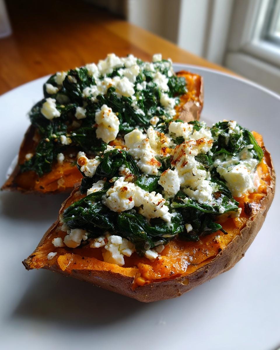 Two Gefüllte Süßkartoffeln mit Spinat and feta cheese on a white plate, ready to eat.