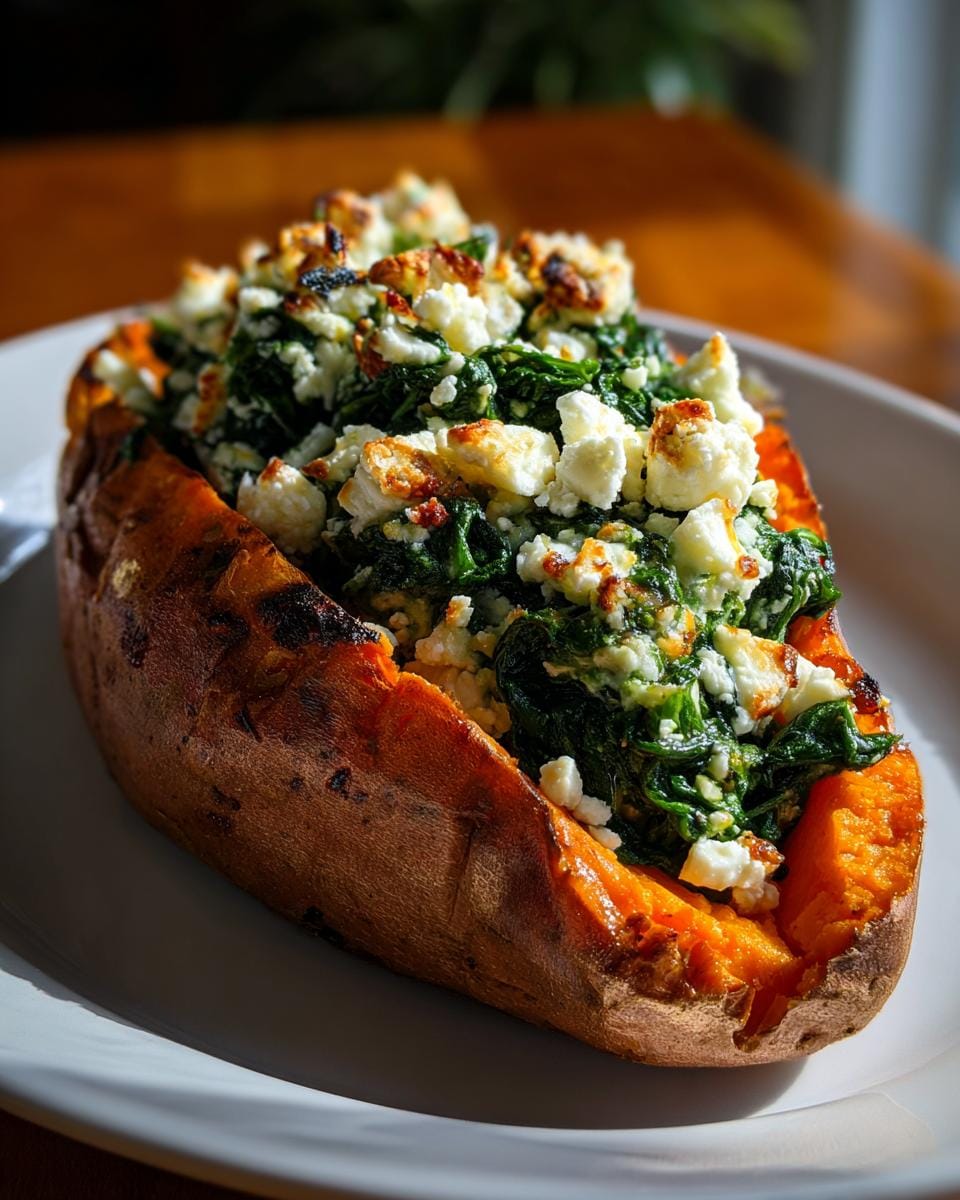 Nahaufnahme einer Gefüllte Süßkartoffel mit Spinat und Feta auf einem Teller.