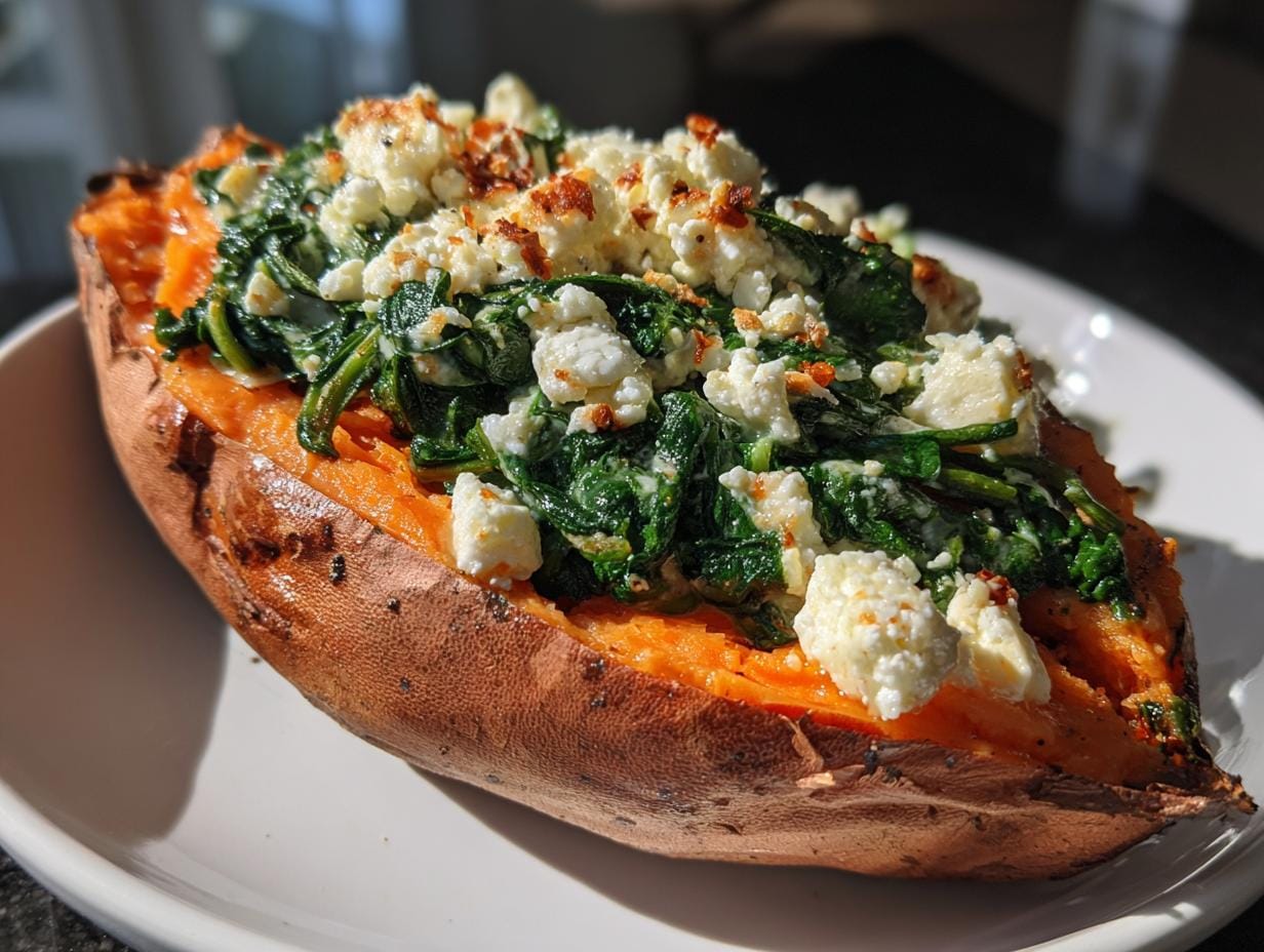 Gefüllte Süßkartoffeln mit Spinat und Feta Käse auf einem Teller.
