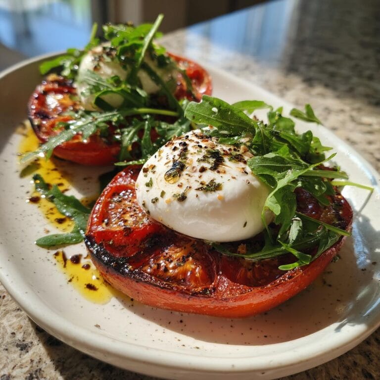 Two Gegrillte Tomaten mit Burrata und Rucola on a plate, drizzled with oil and herbs.