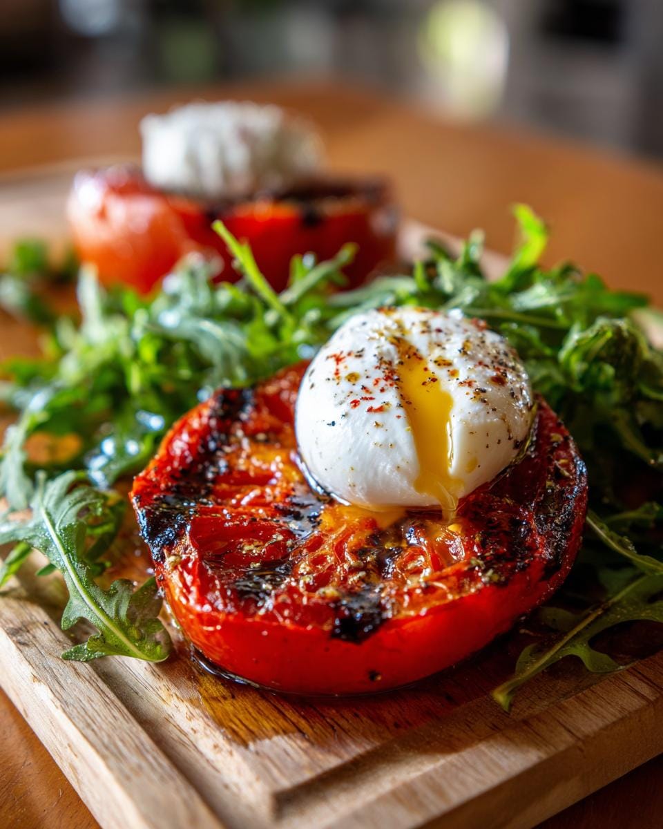 Close-up of Gegrillte Tomaten mit Burrata und Rucola on a wooden board, showcasing the grilled tomato and creamy burrata.