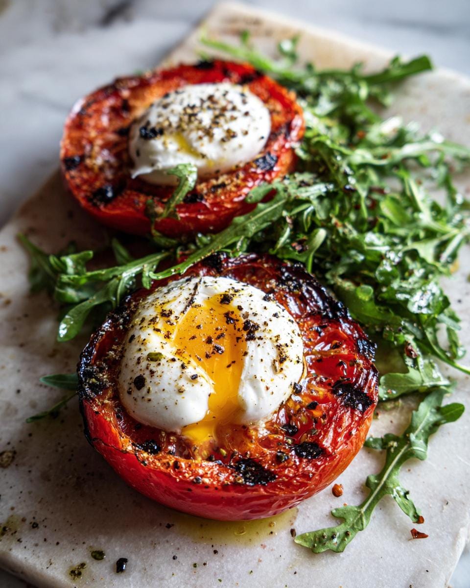 Gegrillte Tomaten mit Burrata und Rucola, served on a stone board. One tomato has a runny burrata.