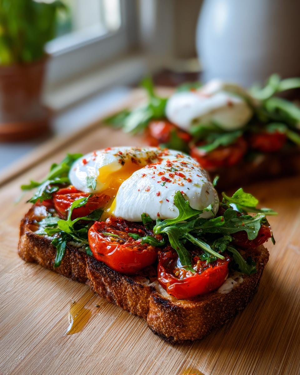 Toast topped with Gegrillte Tomaten mit Burrata und Rucola, drizzled with oil, on a wooden board.