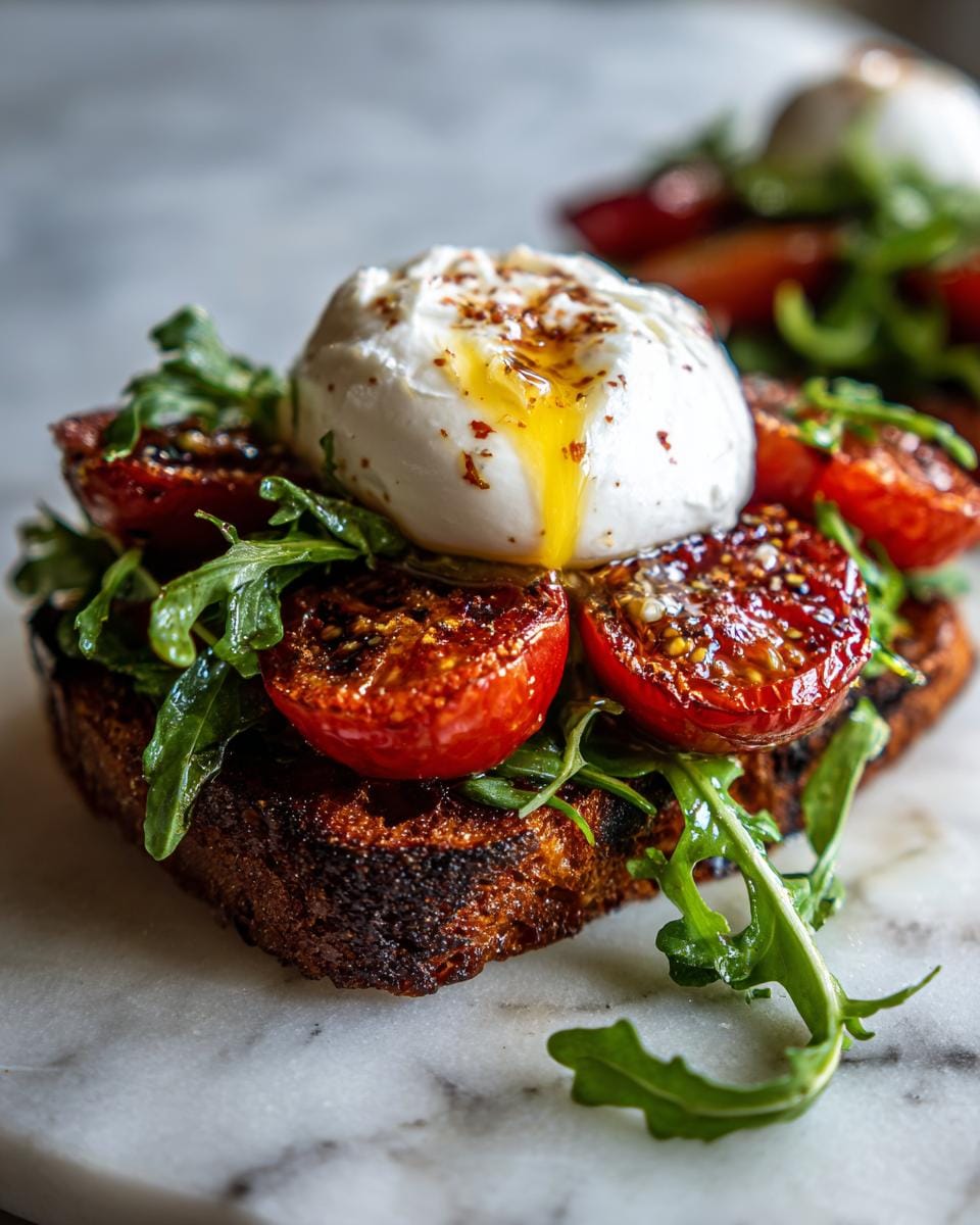 Close-up of Gegrillte Tomaten mit Burrata und Rucola on toasted bread, drizzled with oil.