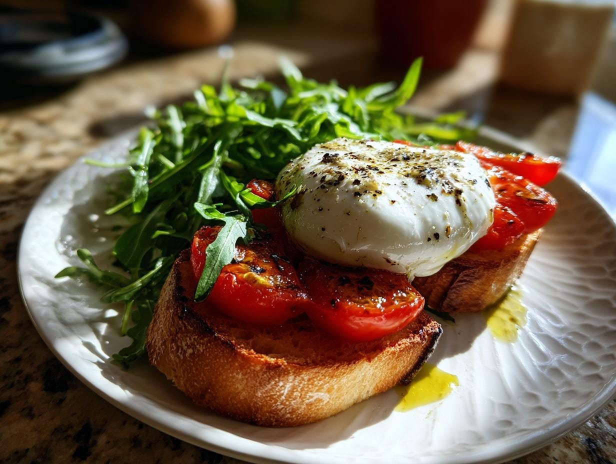 Gegrillte Tomaten mit Burrata und Rucola on toast, plated with a side of arugula.