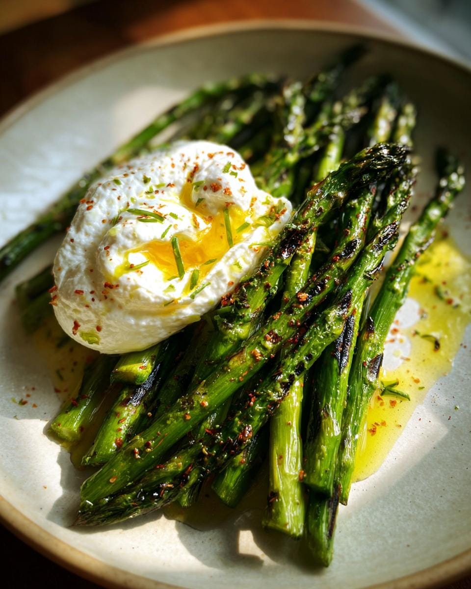 Gegrillter Spargel mit Burrata und Zitronenöl, serviert auf einem Teller, garniert mit Kräutern und Gewürzen.