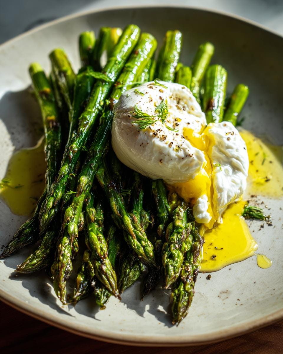 Gegrillter Spargel mit Burrata und Zitronenöl, serviert auf einem Teller. Das Eigelb läuft über den Spargel.