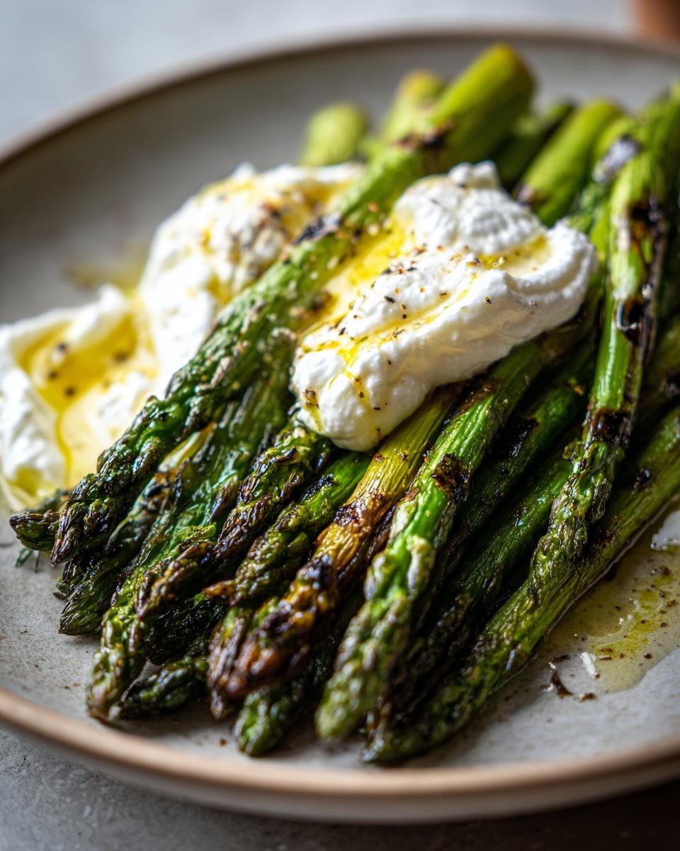 Gegrillter Spargel mit Burrata und Zitronenöl, served on a plate. Grilled asparagus topped with burrata cheese and lemon oil.