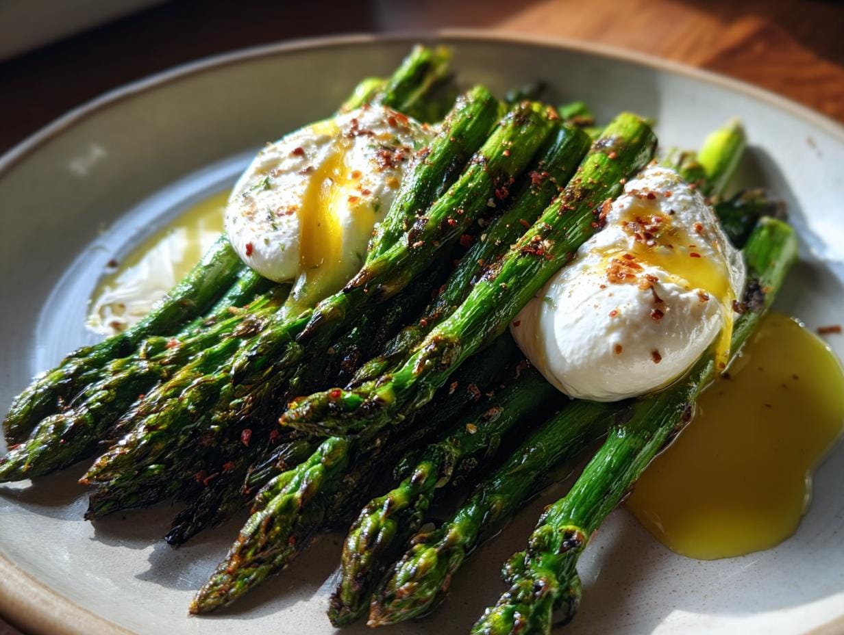 Gegrillter Spargel mit Burrata und Zitronenöl, serviert auf einem Teller. Nahaufnahme.