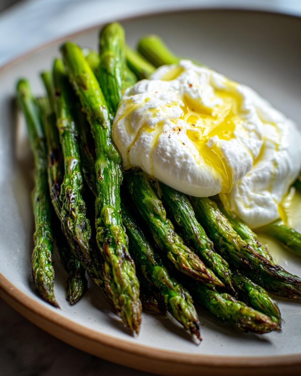 Nahaufnahme von Gegrillter Spargel mit Burrata und Zitronenöl auf einem Teller.