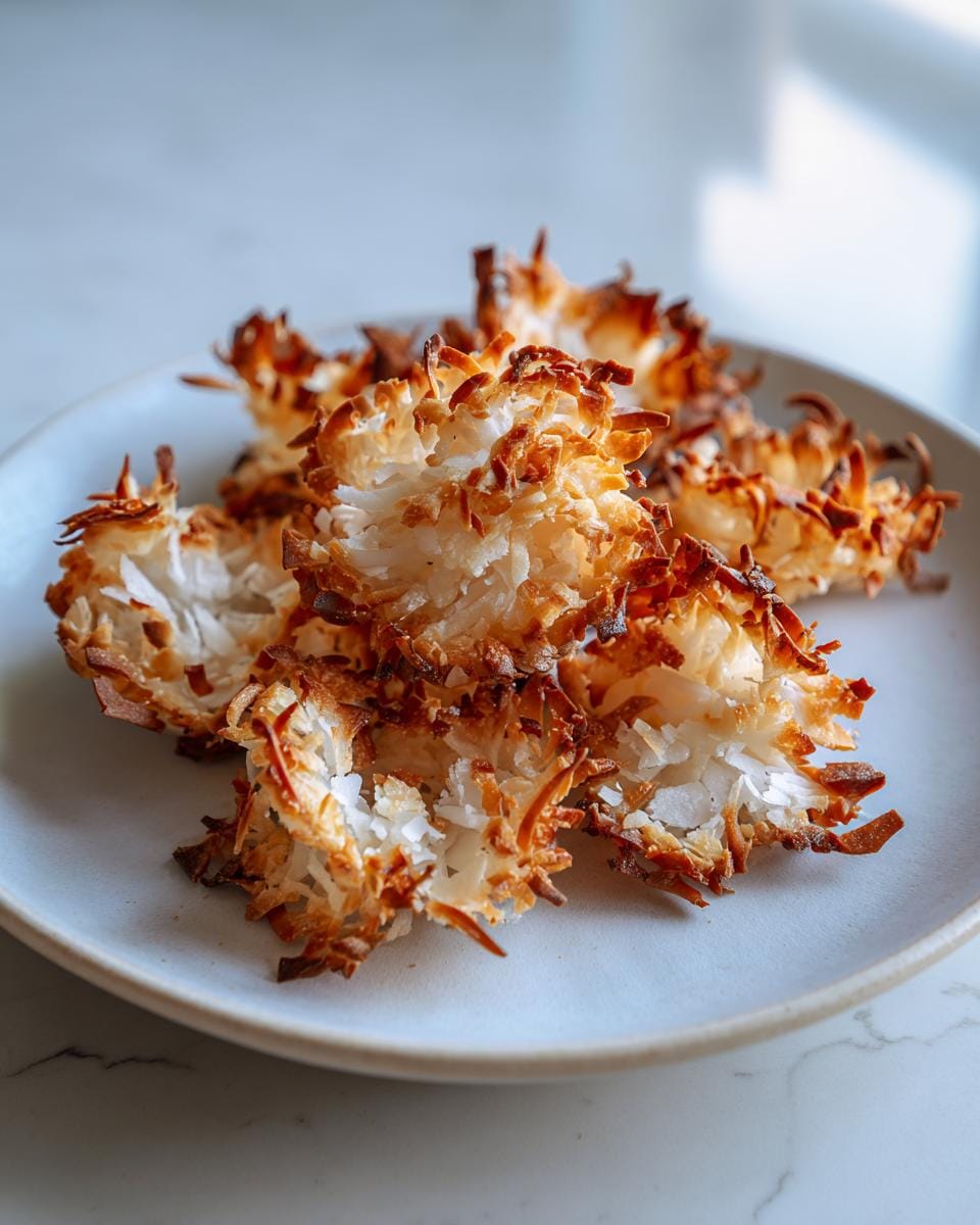 Nahaufnahme von geröstete Kokoschips auf einem hellen Teller. Leckerer Snack!