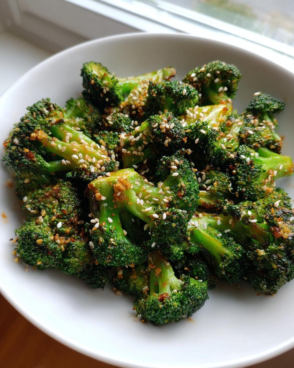 Nahaufnahme von Gerösteter Brokkoli mit Sesam und Knoblauch in einer weißen Schüssel.