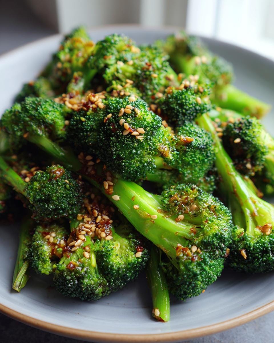 Gerösteter Brokkoli mit Sesam und Knoblauch, serviert auf einem Teller. Nahaufnahme des leckeren, gerösteten Gemüses.