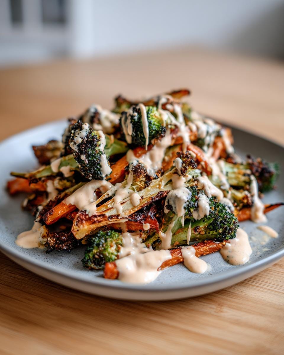 Teller mit Geröstetes Gemüse mit Tahini-Joghurt-Sauce, inklusive Brokkoli und Karotten.