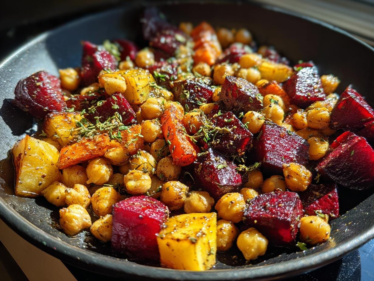 Close-up of Geröstete Rote Bete mit Knoblauch und Kichererbsen, garnished with herbs.