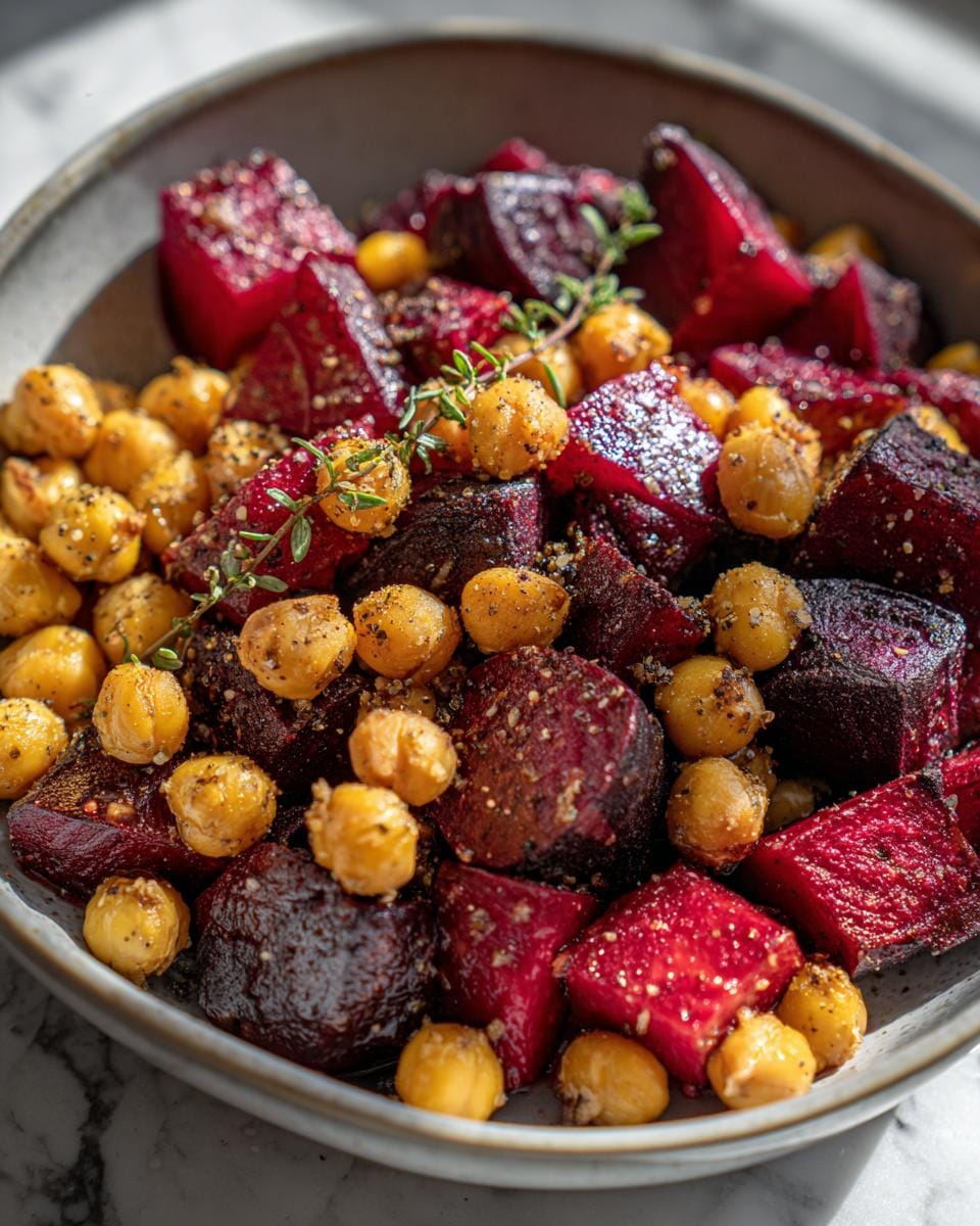 Close-up of Geröstete Rote Bete mit Knoblauch und Kichererbsen in a bowl, garnished with fresh thyme.