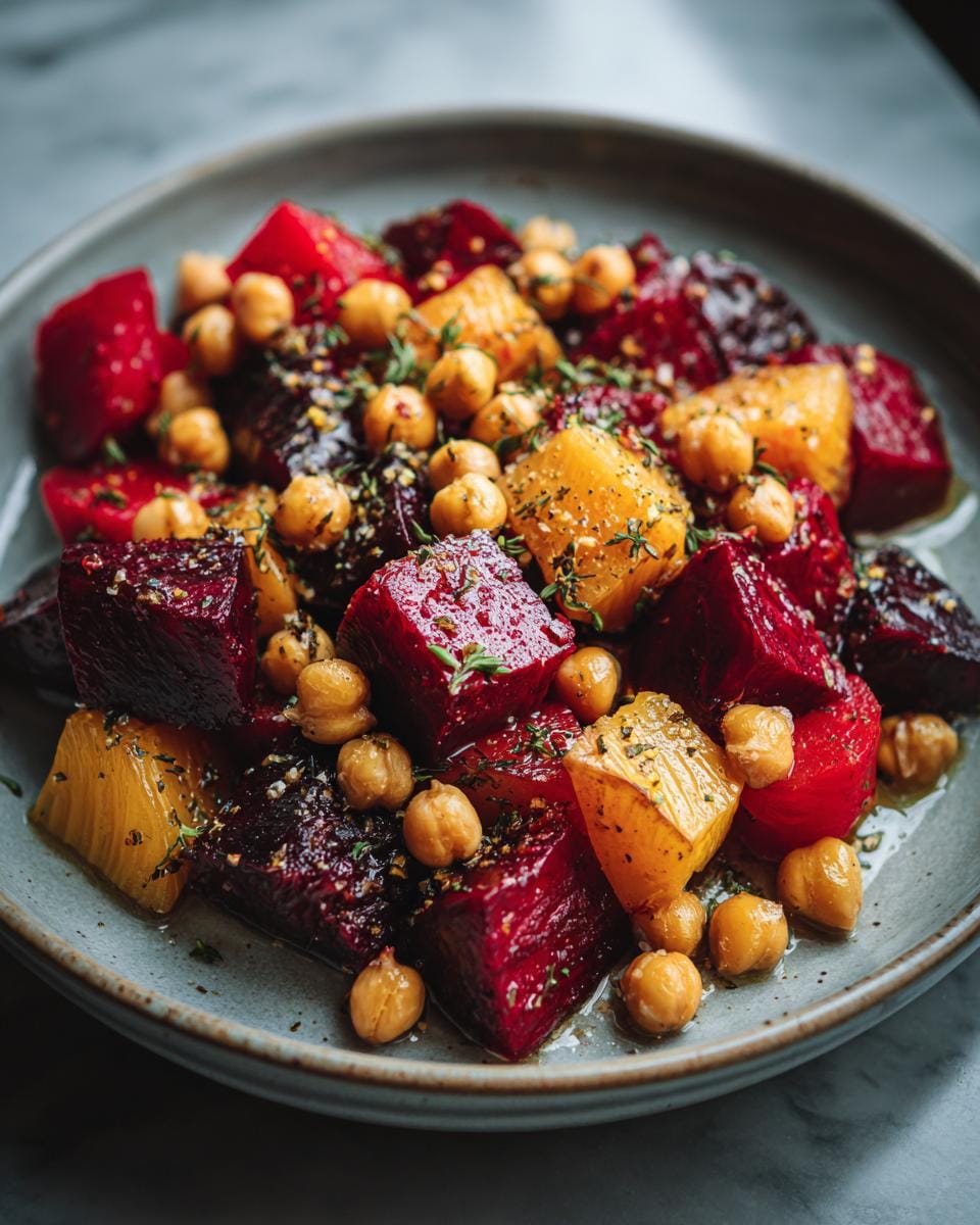 Geröstete Rote Bete mit Knoblauch und Kichererbsen, serviert auf einem Teller. Nahaufnahme des Gerichts.