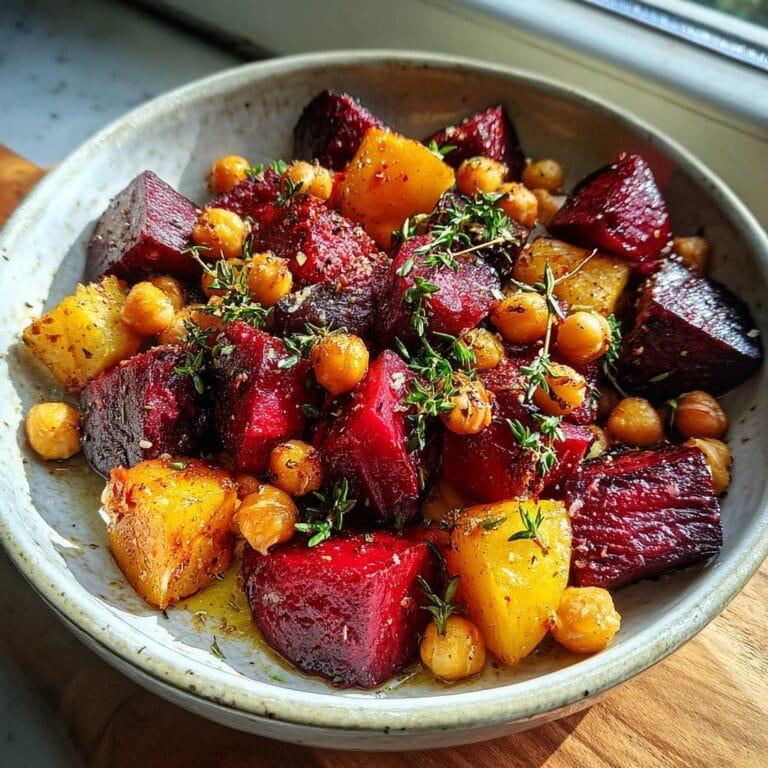 Bowl of Geröstete Rote Bete mit Knoblauch und Kichererbsen, featuring roasted beets, chickpeas, and thyme.