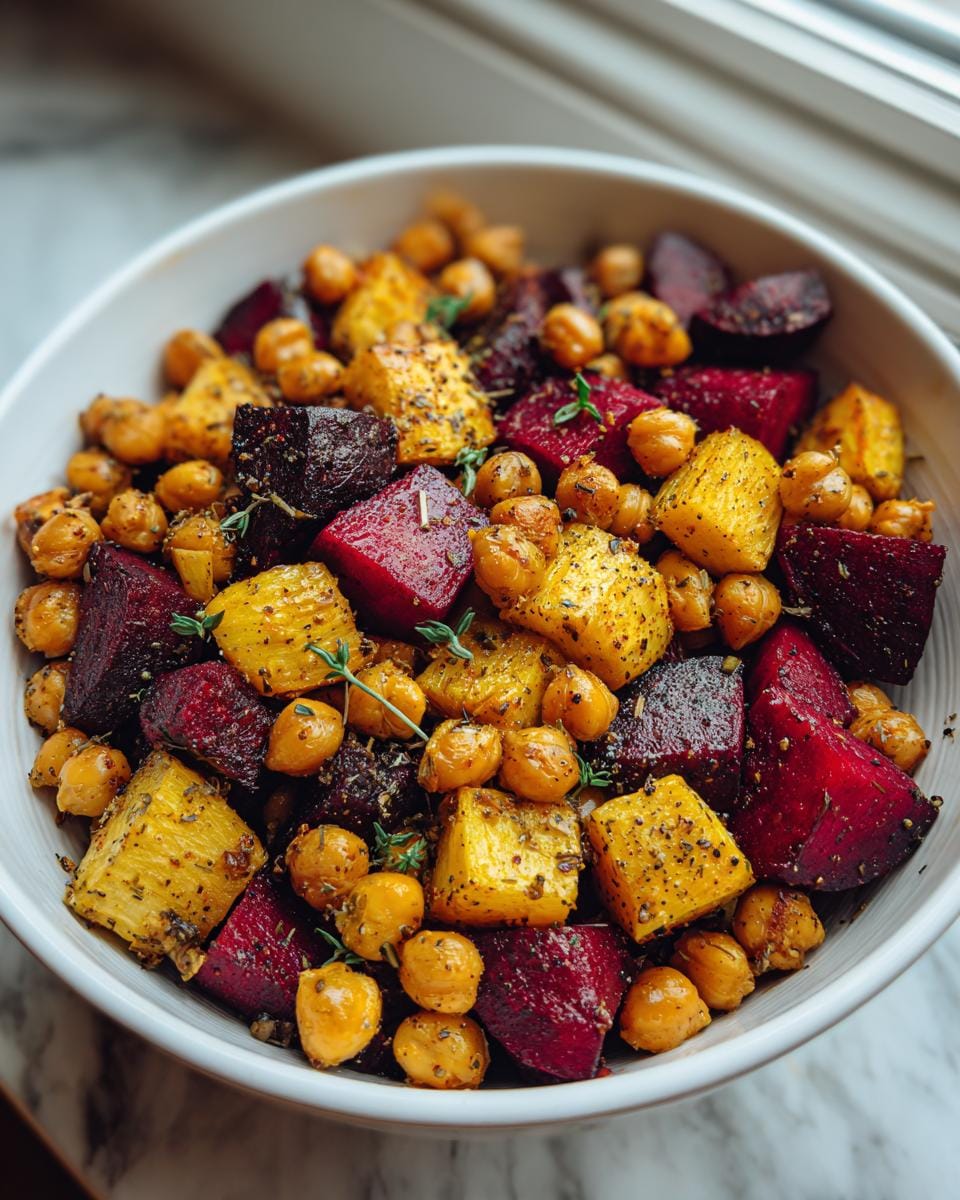 Bowl of Geröstete Rote Bete mit Knoblauch und Kichererbsen, featuring roasted beets, chickpeas, and garlic.