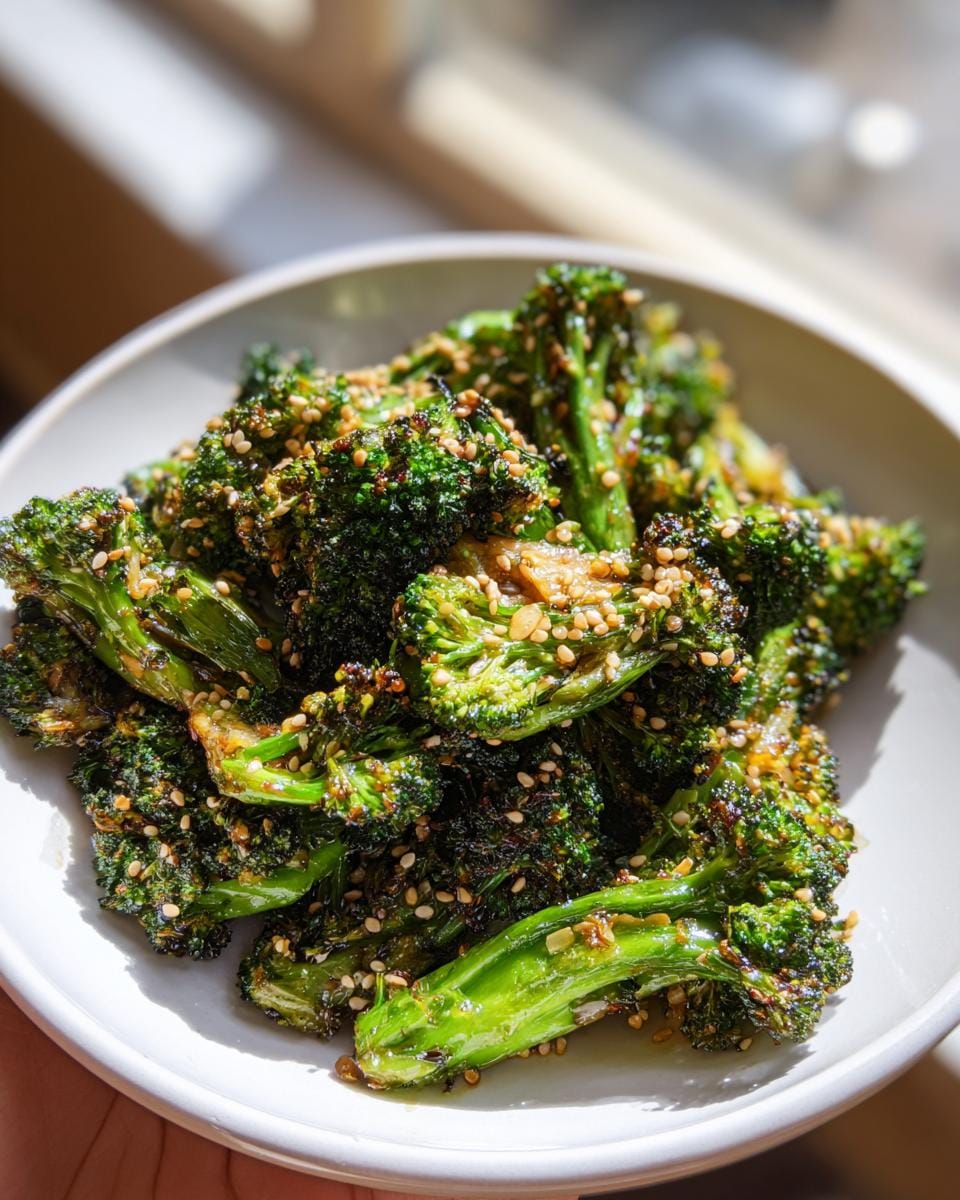 Nahaufnahme von Gerösteter Brokkoli mit Sesam und Knoblauch in einer Schüssel.
