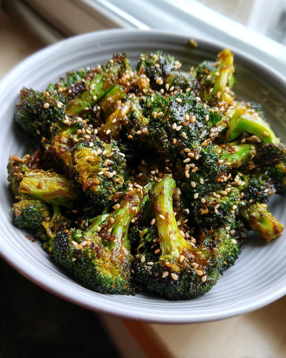 Nahaufnahme von Gerösteter Brokkoli mit Sesam und Knoblauch in einer grauen Schale.