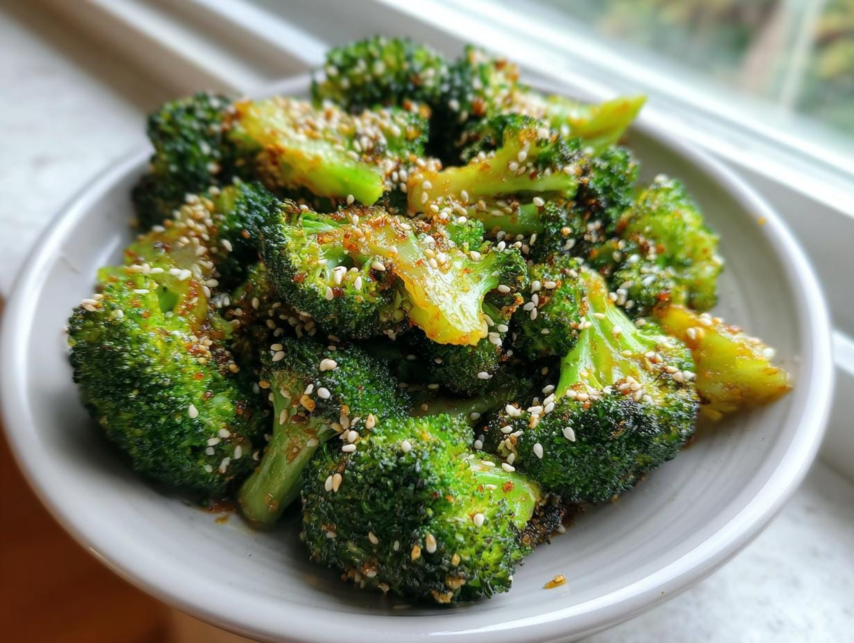 Gerösteter Brokkoli mit Sesam und Knoblauch auf einem Teller, nahaufnahme.