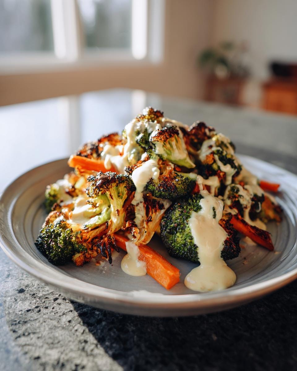 Teller mit Geröstetes Gemüse mit Tahini-Joghurt-Sauce, bestehend aus Brokkoli und Karotten.