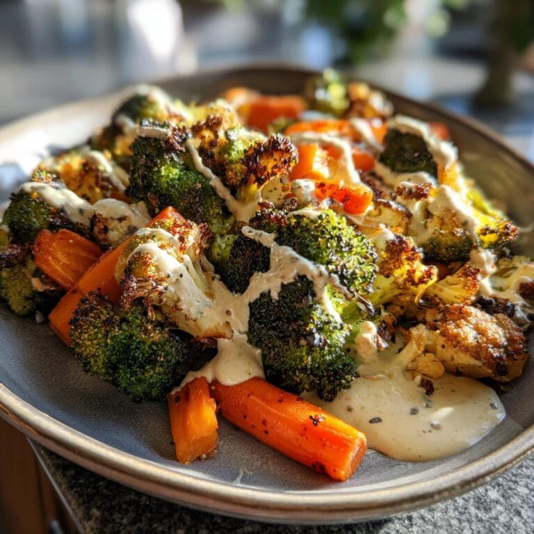 Close-up of Geröstetes Gemüse mit Tahini-Joghurt-Sauce featuring roasted broccoli, carrots, and cauliflower with a creamy sauce.