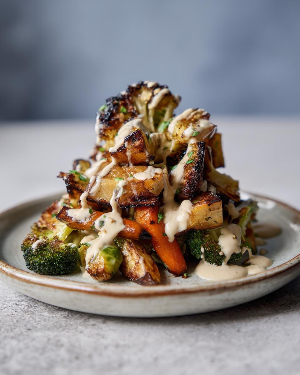 Close-up of Geröstetes Gemüse mit Tahini-Joghurt-Sauce, featuring roasted vegetables drizzled with sauce.