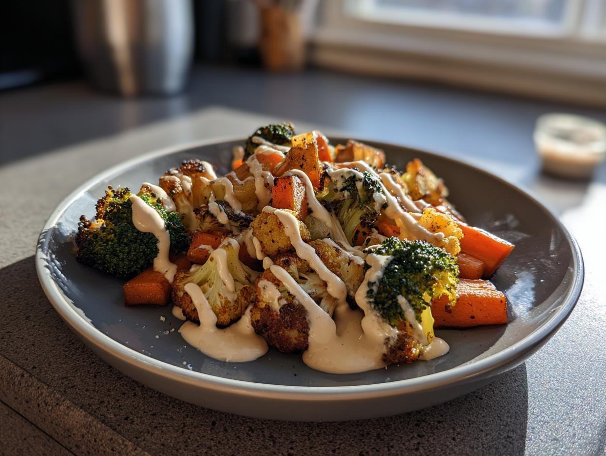 Teller mit Geröstetes Gemüse mit Tahini-Joghurt-Sauce, bestehend aus Brokkoli, Blumenkohl und Karotten.