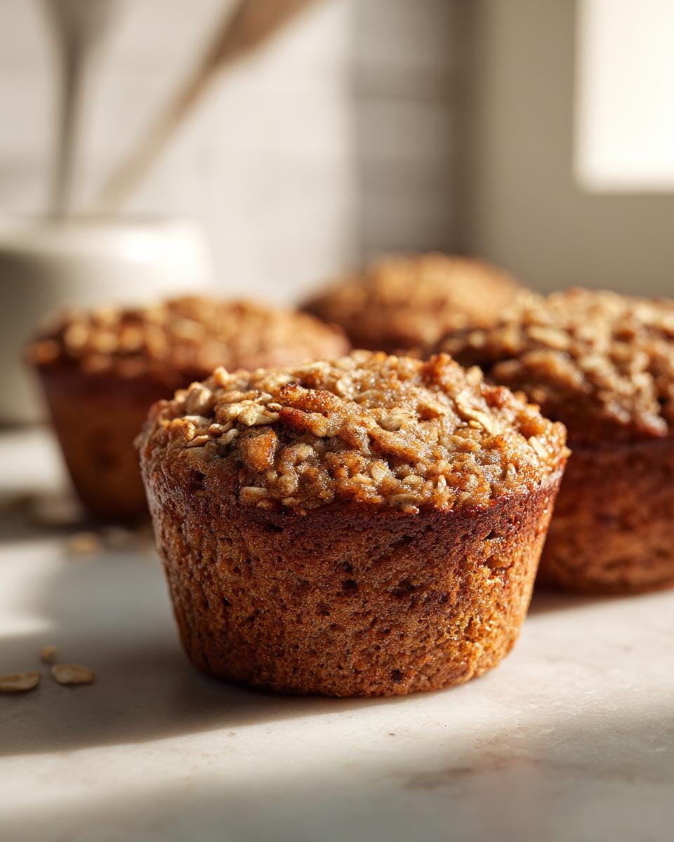 Close-up of Gesunde Bananen-Hafer-Muffins topped with oats, showing texture and detail.