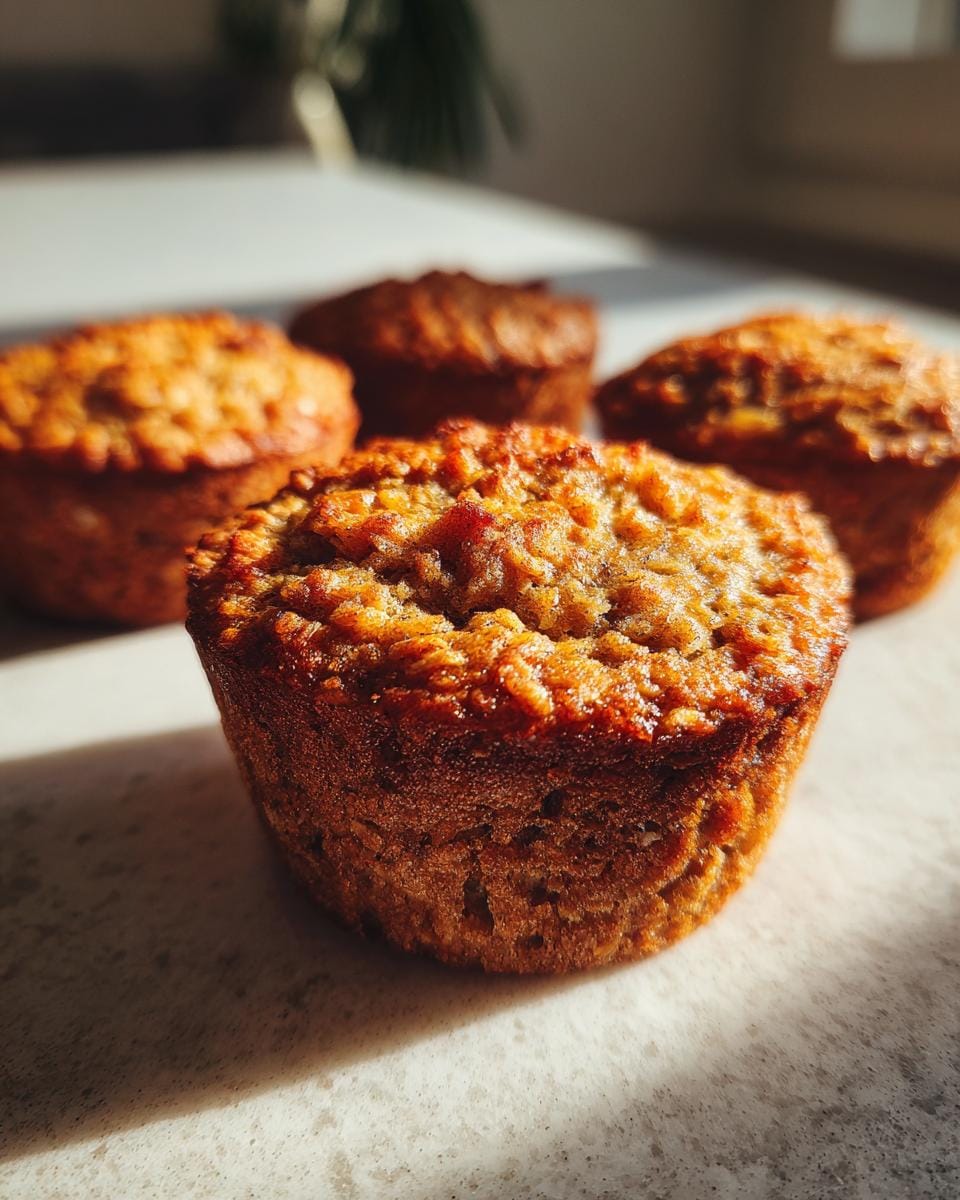 Close-up of Gesunde Bananen-Hafer-Muffins, showing texture and golden-brown color.