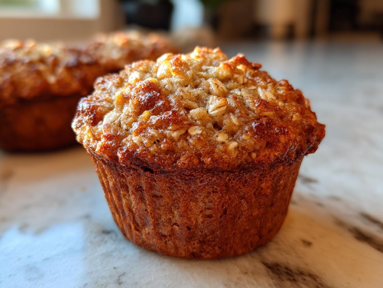 Close-up of a Gesunde Bananen-Hafer-Muffin, showcasing its texture and golden-brown color.