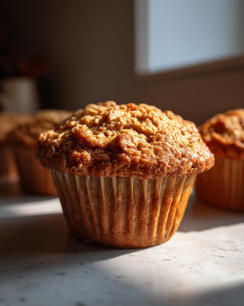 Nahaufnahme eines Gesunde Bananen-Hafer-Muffins, der auf einer Oberfläche steht, mit anderen Muffins im Hintergrund.