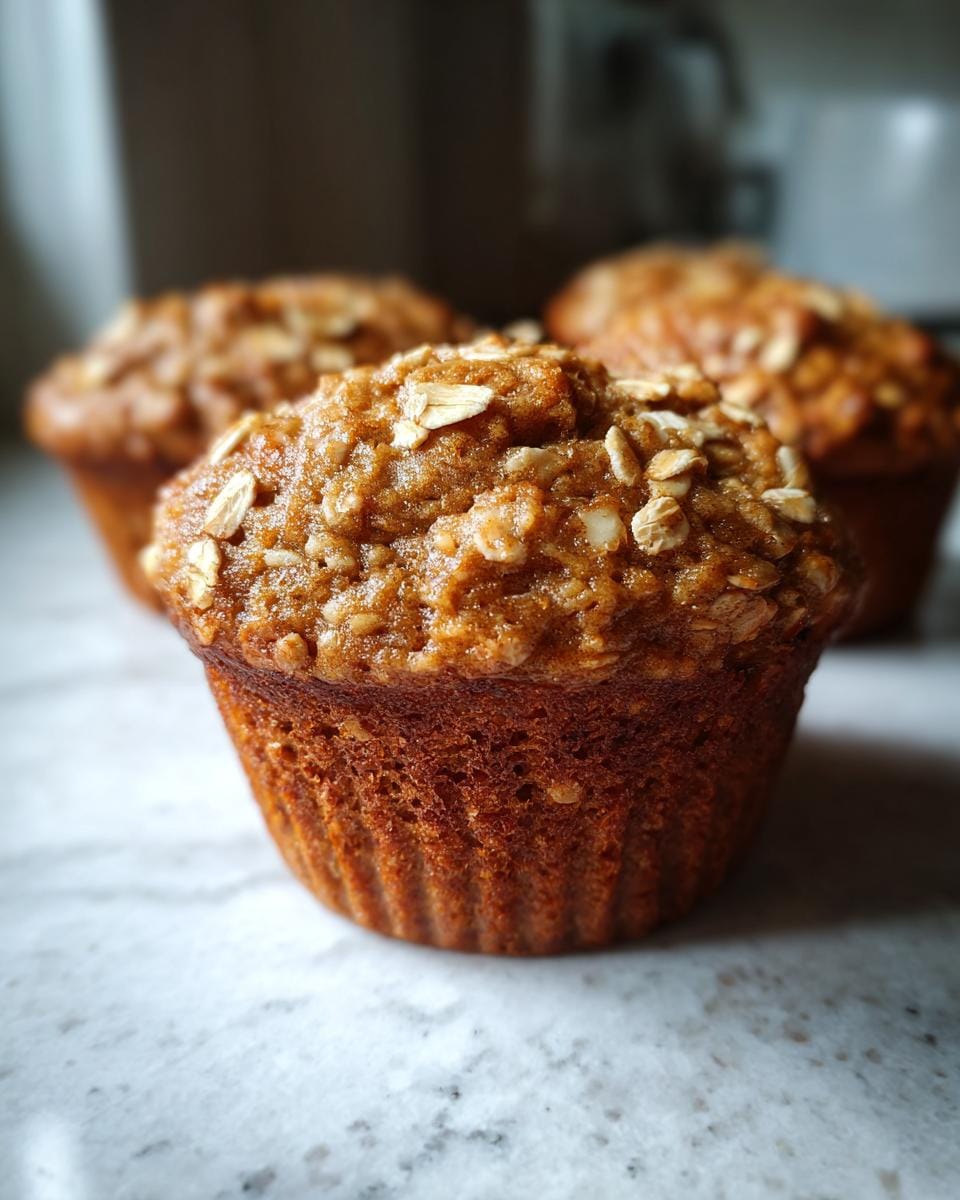 Close-up of Gesunde Bananen-Hafer-Muffins topped with oats, showcasing their texture and golden-brown color.