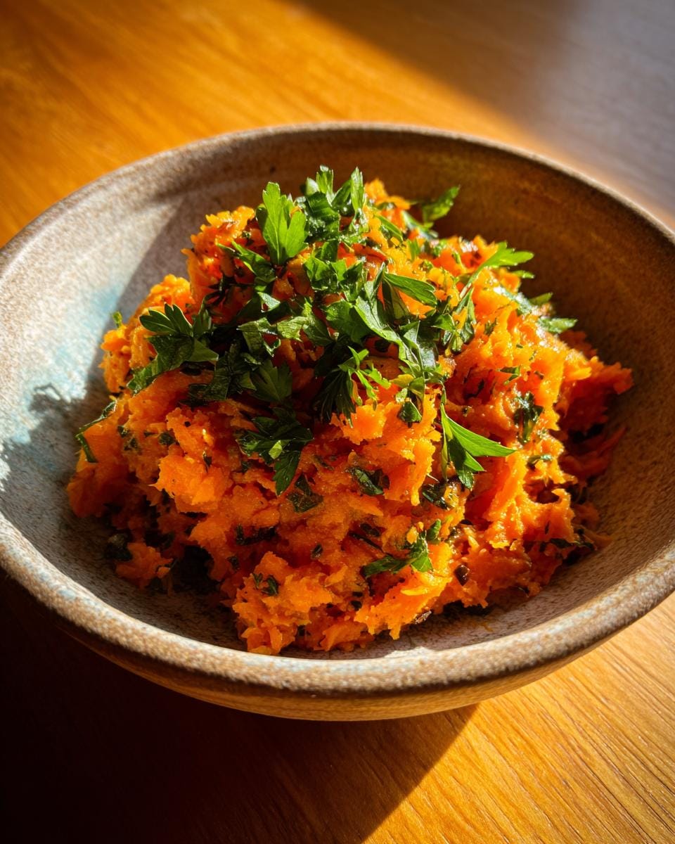 Close-up of a bowl of Gesunde Zerdrückte Karotten, garnished with fresh parsley.
