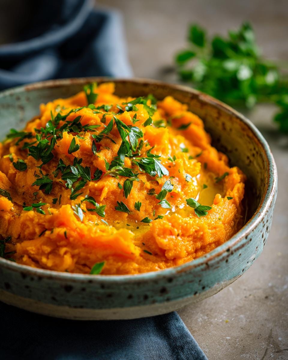 Close-up of a bowl of Gesunde Zerdrückte Karotten, garnished with fresh parsley.
