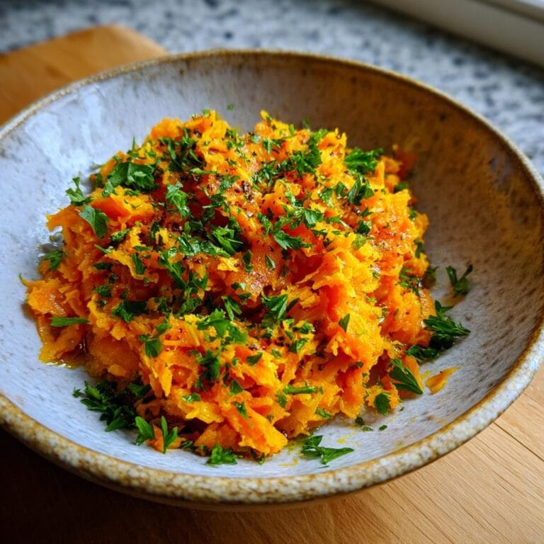 Close-up of Gesunde Zerdrückte Karotten (healthy mashed carrots) in a bowl, garnished with fresh parsley.