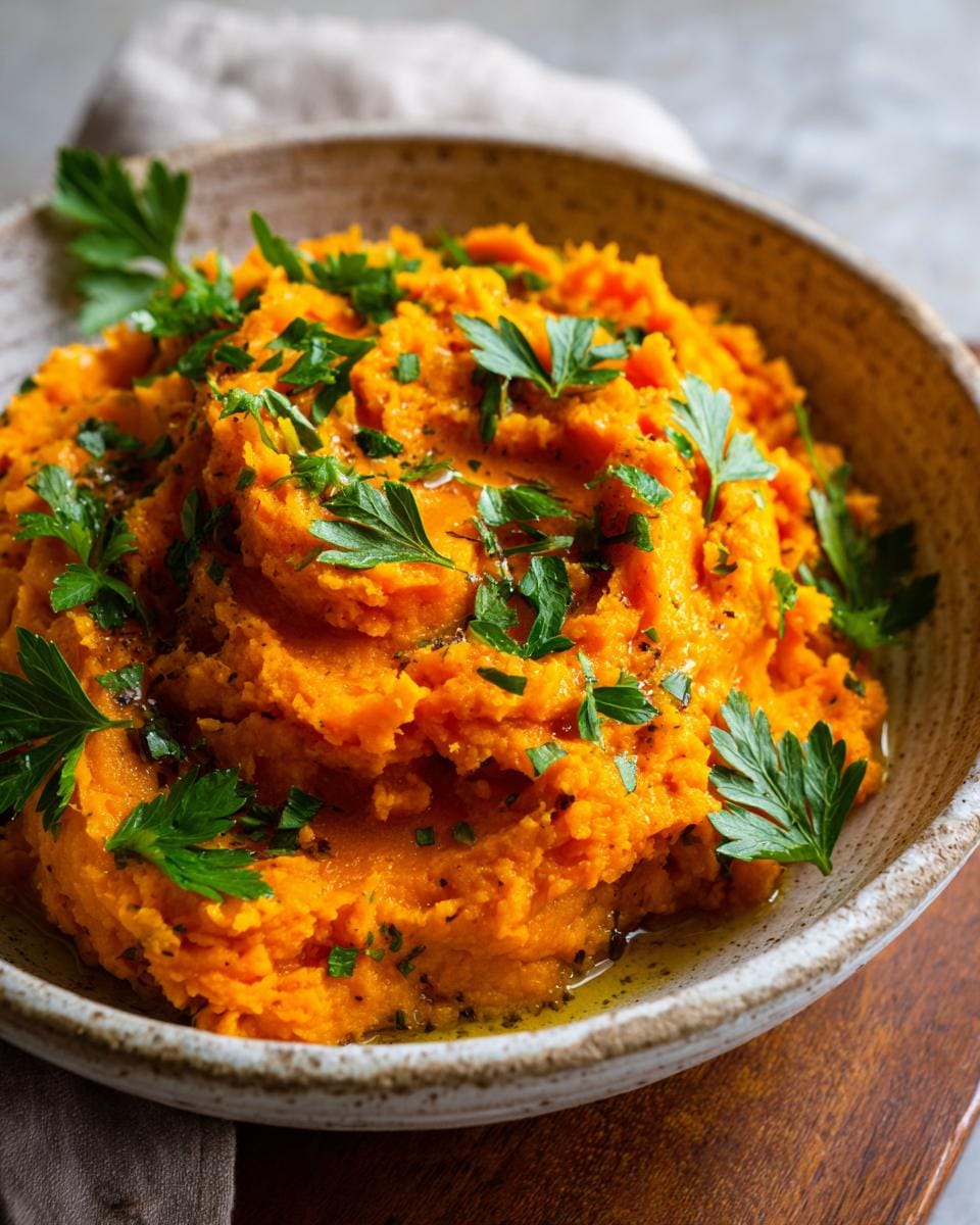 Nahaufnahme von Gesunde Zerdrückte Karotten, garniert mit Petersilie, in einer Schüssel.