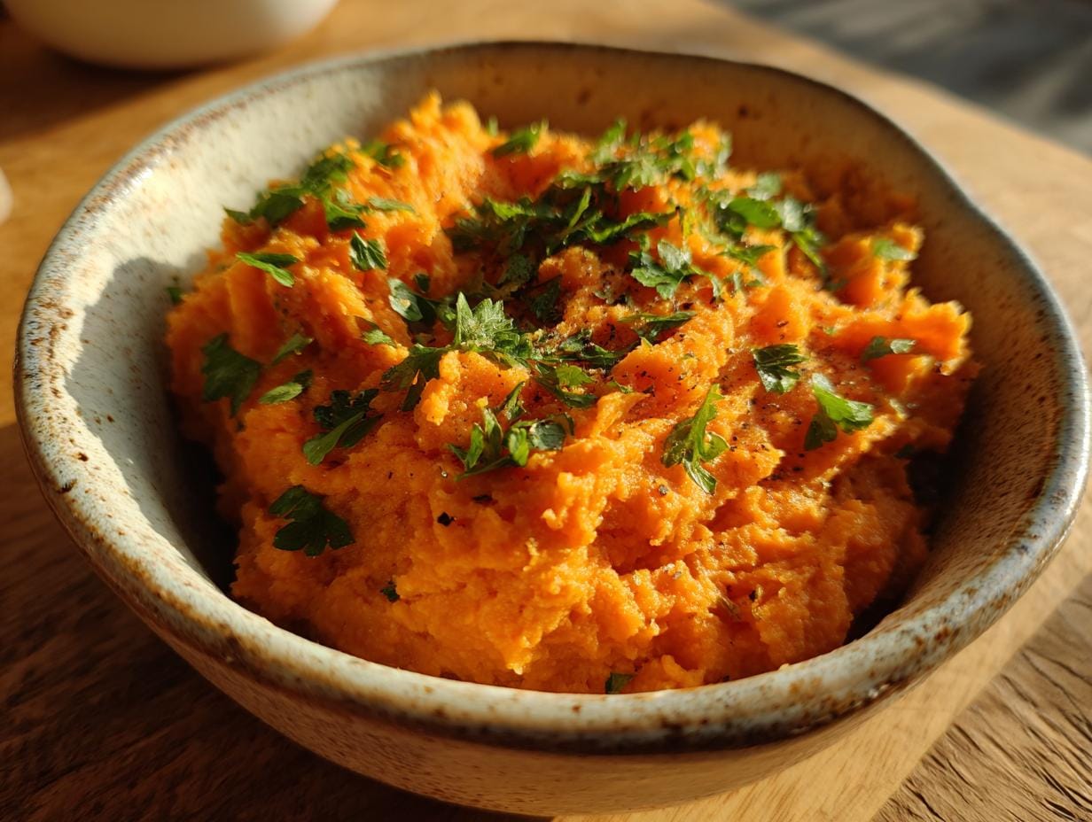 Nahaufnahme von gesunde zerdrückte Karotten, garniert mit Petersilie, serviert in einer Schüssel.