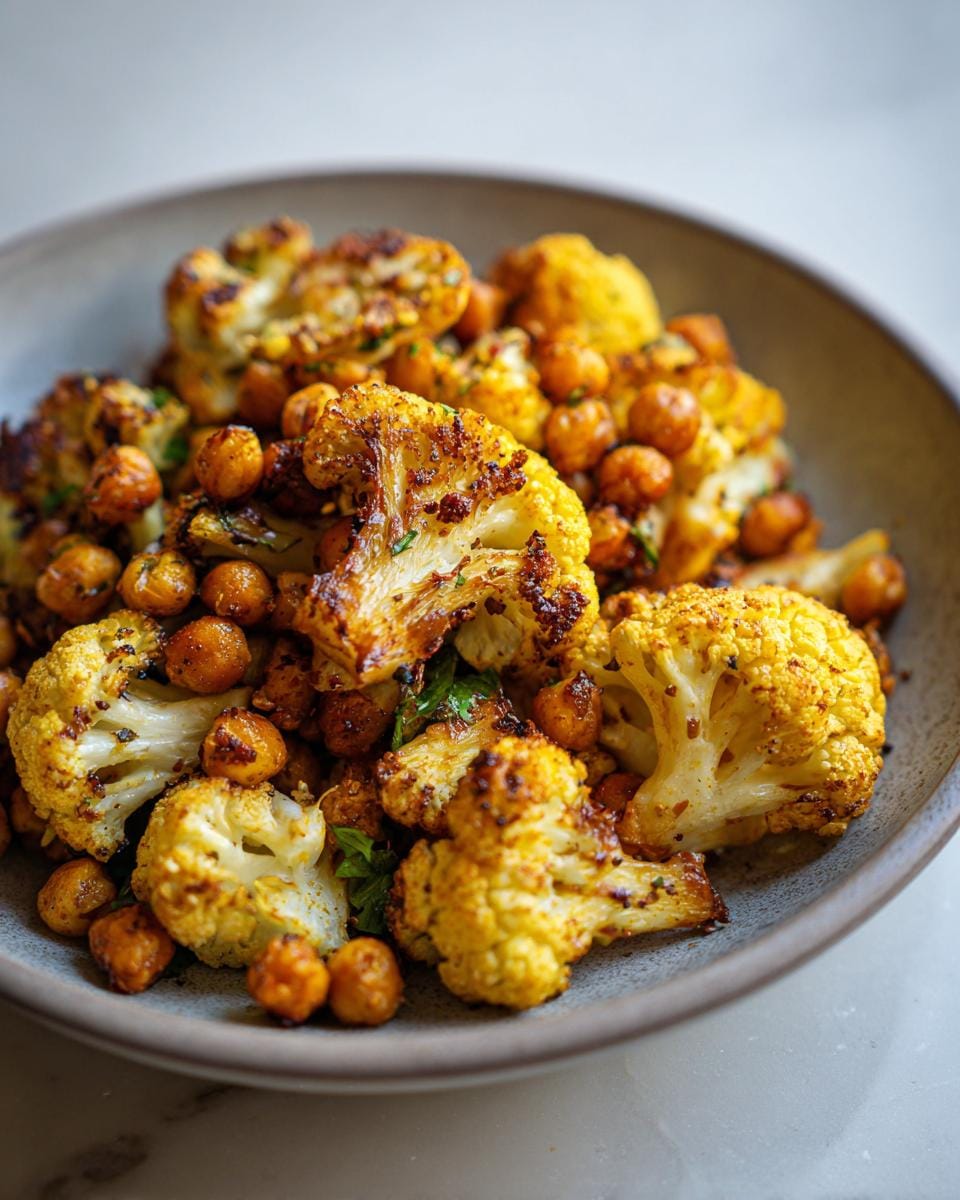 Close-up of Gewürzblumenkohl mit Kichererbsen (spiced cauliflower with chickpeas) in a bowl.
