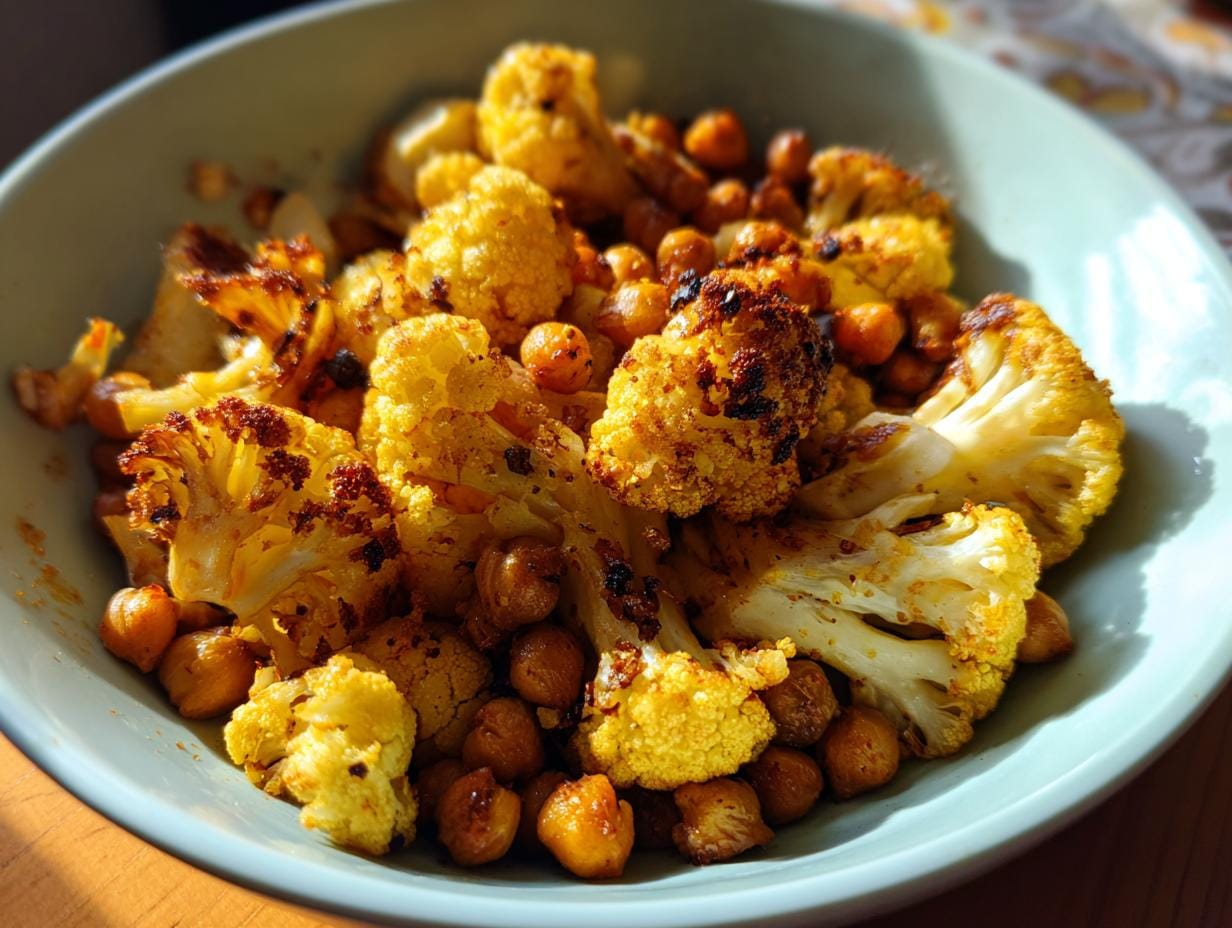Close-up of Gewürzblumenkohl mit Kichererbsen in a bowl. Roasted cauliflower and chickpeas.
