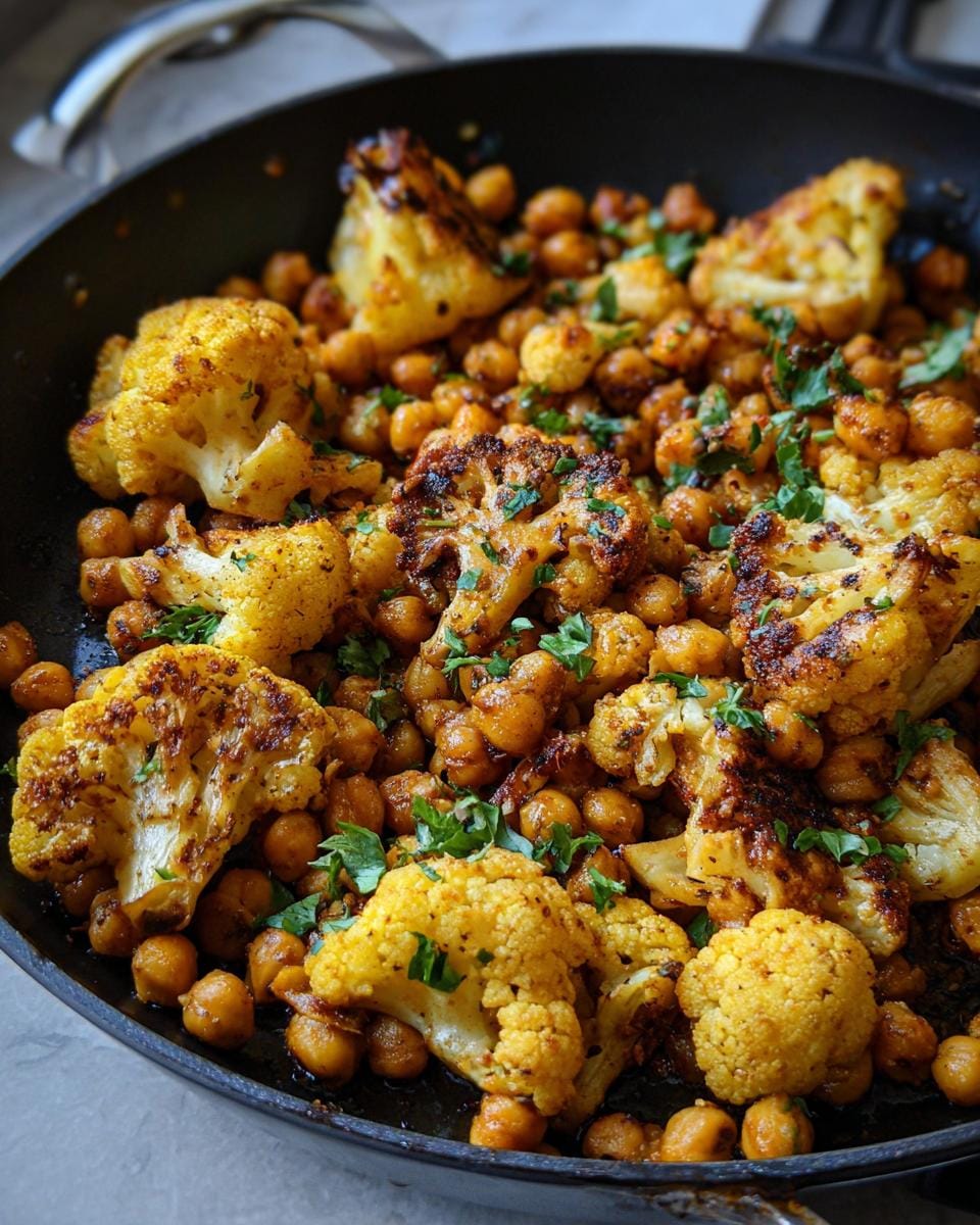 Close-up of Gewürzblumenkohl mit Kichererbsen (spiced cauliflower with chickpeas) in a pan, garnished with parsley.