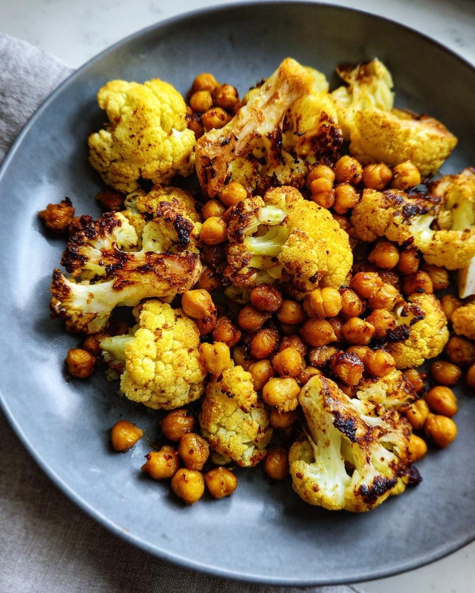 Close-up of Gewürzblumenkohl mit Kichererbsen (spiced cauliflower with chickpeas) served on a gray plate.
