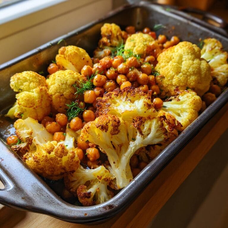 Roasted Gewürzblumenkohl mit Kichererbsen in a baking pan, ready to serve. A delicious German dish.