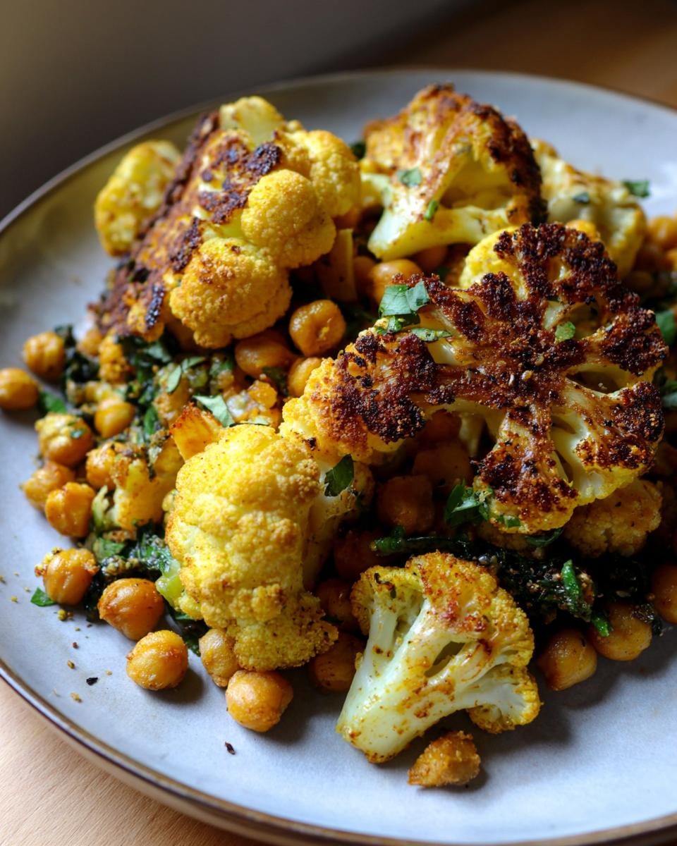 Close-up of Gewürzblumenkohl mit Kichererbsen (spiced cauliflower with chickpeas) on a plate.